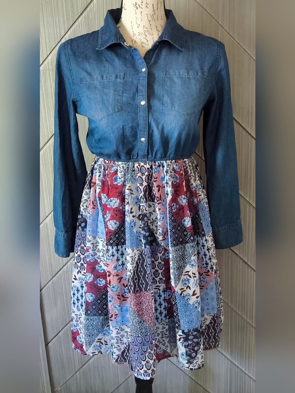 Paper Doll L Chambray Patchwork Floral Midi Shirt Dress Cottage Boho Country